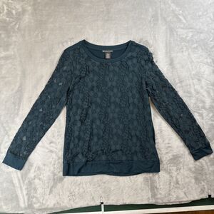 Adrianna Papell Women’s Small Lace Top Dark Pine Green Long Sleeve Crew